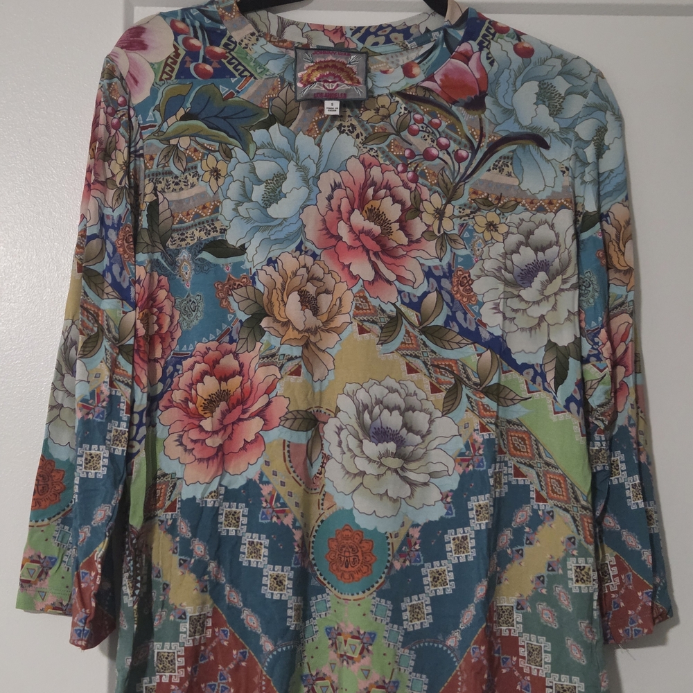 Johnny Was Floral Patchwork Long Sleeve Top - Blue, Pink, Green
